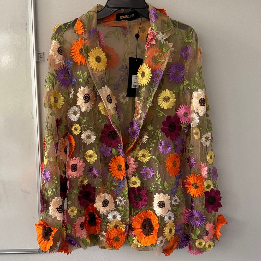 NWT Novaluxe Sheer Blazer with Colorful Floral Embroidery